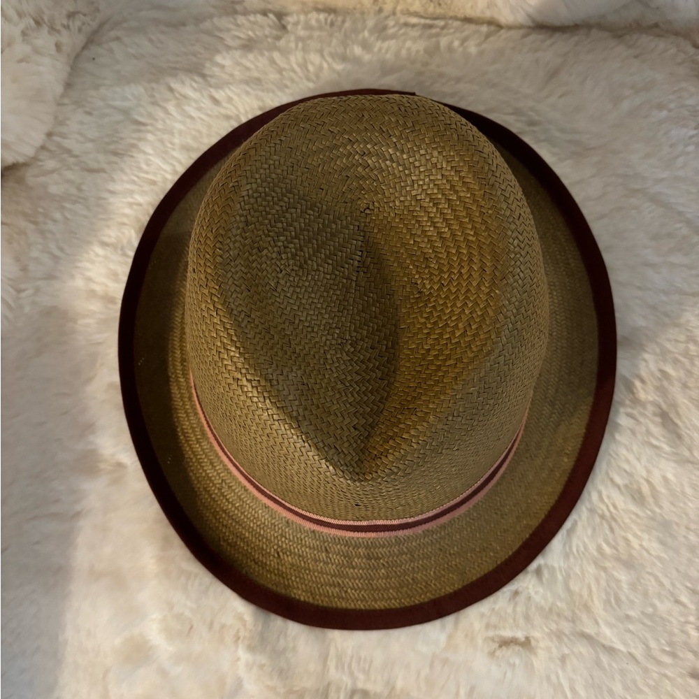 J. Crew Fedora Straw Hat with Brown Burgundy Ribbon Rim, Ribbon Trim, NWOT, M/L - Picture 4 of 6